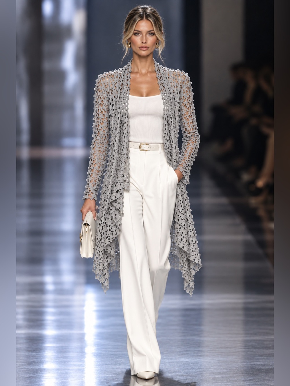 New! Linea Domani Dove Grey Long Sleeve Laser Cut Asymmetrical Sueded Cardigan